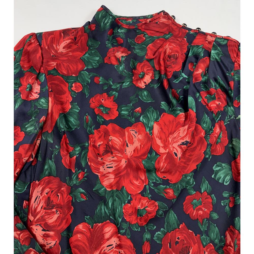 Vintage Carlisle 100% silk Floral print Sz 10 Blouse Red Roses long sleeve - Picture 4 of 11